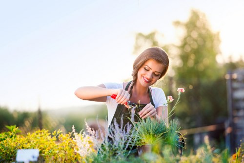 Gardener working in a Chiswick garden near a terrace house