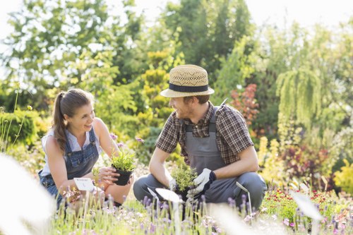 Staff member explaining garden plan using large-print document for a client